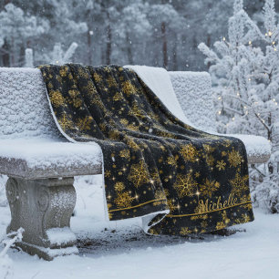 Manta Polar Patrón de copos de nieve más bonito, Gold/Black ID