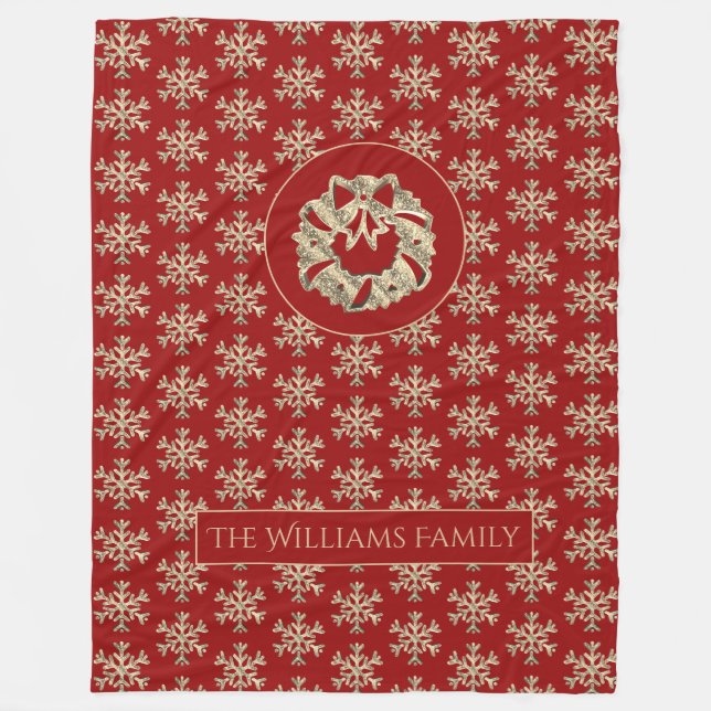 Manta Polar Patrón de copos de nieve Navidad rojo y oro (Anverso)