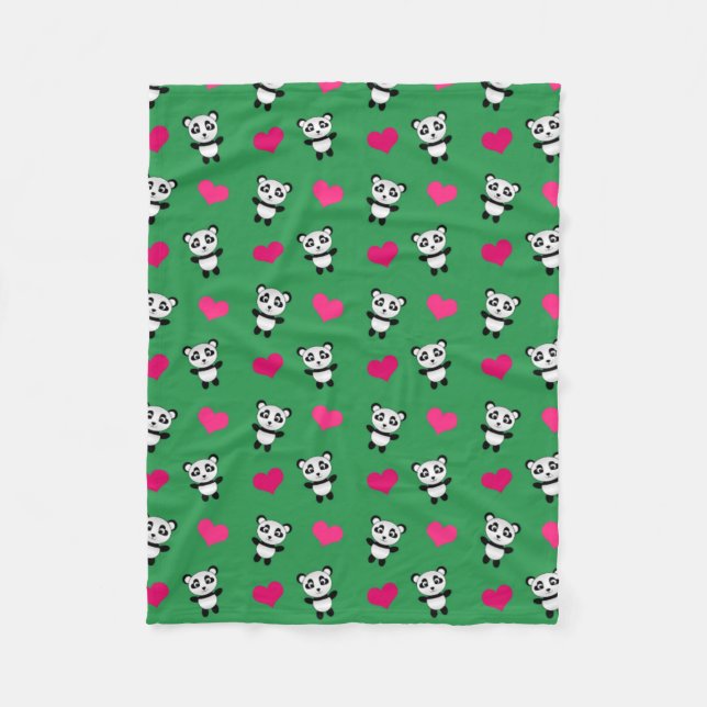 Manta Polar Patrón de corazones de panda verde lindo (Anverso)