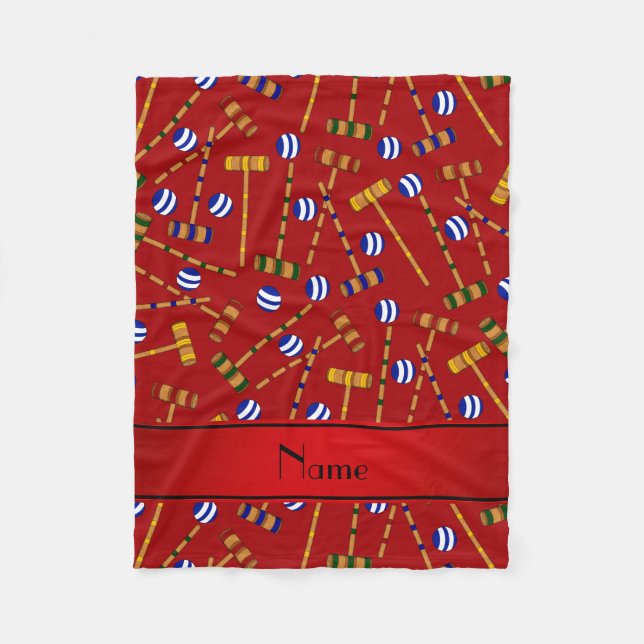 Manta Polar Patrón de croquet rojo de nombre personalizado (Anverso)