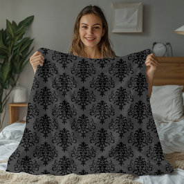 Manta Polar Patrón de Damasco Gris Negro Moderno