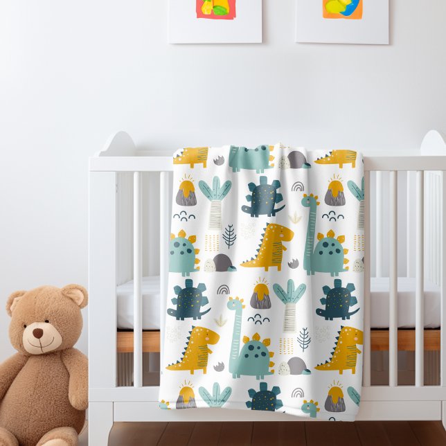 Manta Polar Patrón de dinosaurios curados (Cute Dinosaur Pattern Fleece Blanket from Ricaso. Perfect for nursery or child's room. Yellow green)