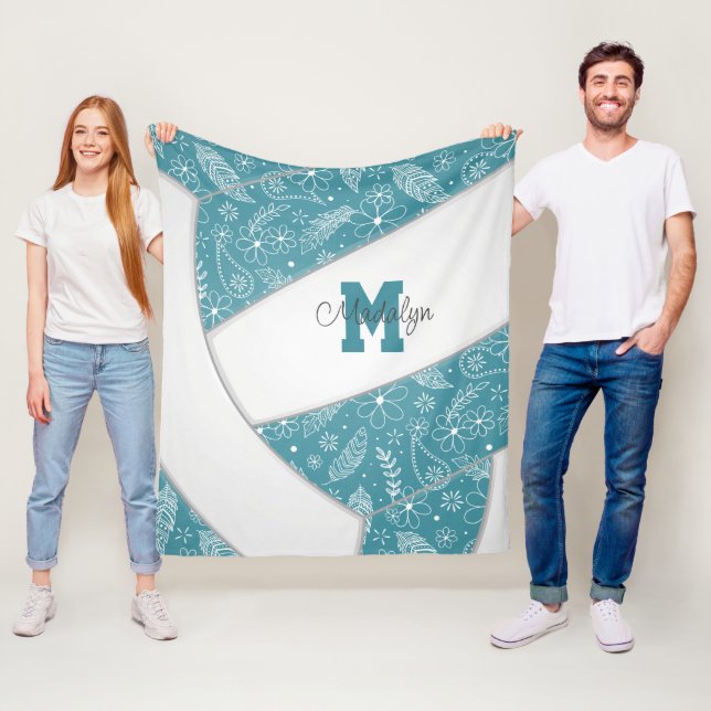 Manta Polar Patrón de doodle Boho voleibol blanco verde azulad (In situ)