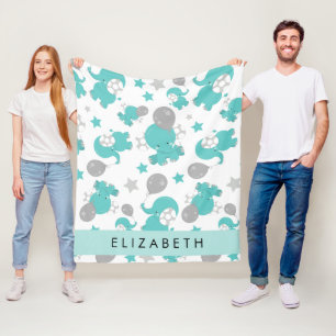 Manta Polar Patrón De Elefantes Azules, Estrellas, Tu Nombre