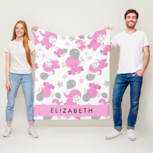 Manta Polar Patrón De Elefantes Rosa, Estrellas, Tu Nombre