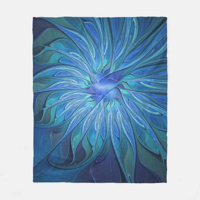 Manta Polar Patrón de fantasía de flor azul, arte fractal abst (Anverso)