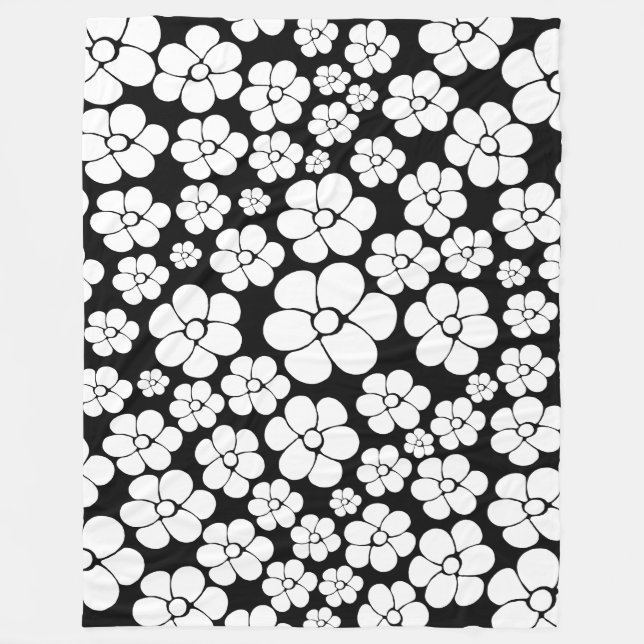 Manta Polar Patrón de flor retro en blanco sobre negro (Anverso)