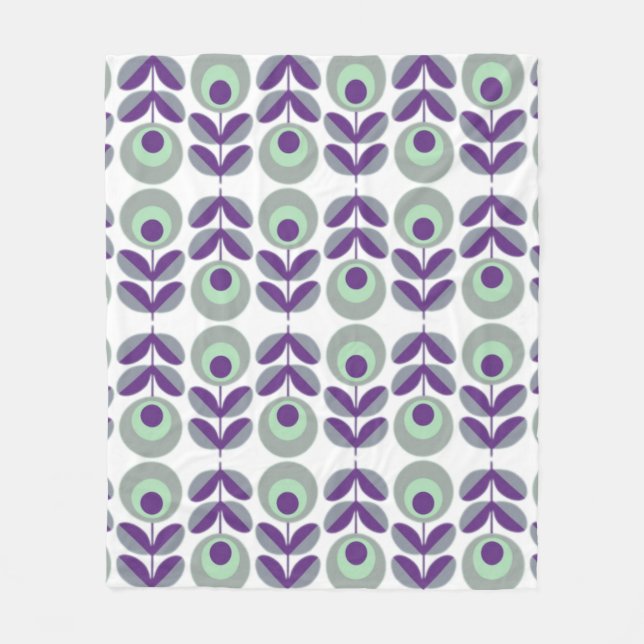 Manta Polar Patrón De Flor Retro En Verde Púrpura Y Menor. (Anverso)