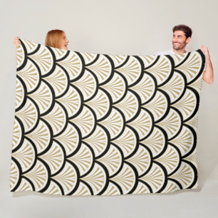 Manta Polar Patrón de flora art-deco beige y negro