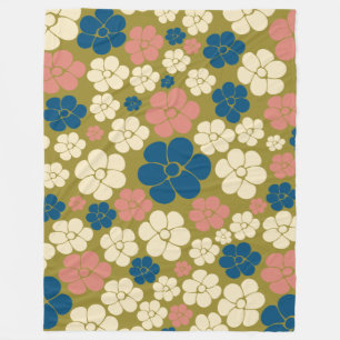 Manta Polar Patrón de flores: azul, verde oliva, rosa y crema