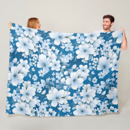 Manta Polar patrón de flores blancas, fondo azul,