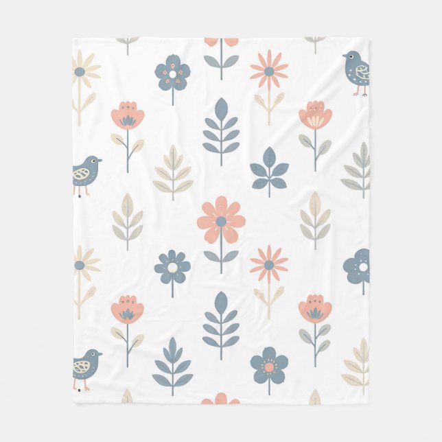 Manta Polar Patrón de flores de folk escandinavo aves (Anverso)