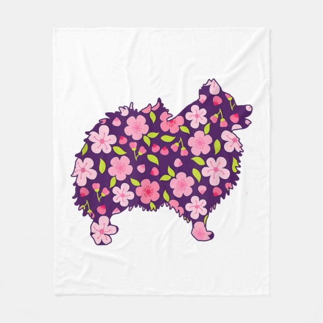 Manta Polar Patrón de flores de perros panomeranos (Anverso)