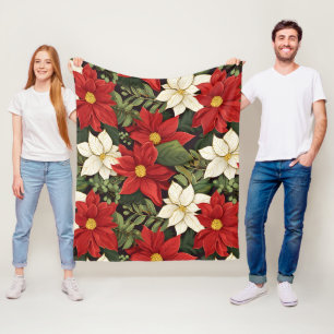 Manta Polar Patrón de flores de poinsettia verde rojo blanco