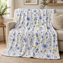 Manta Polar Patrón de flores silvestres acuarela azul amarillo