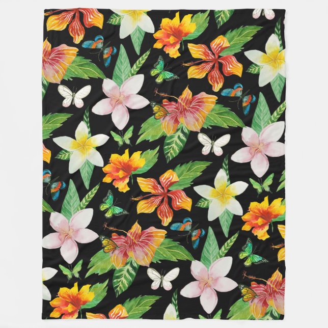 Manta Polar Patrón de flores y mariposas tropicales (Anverso)