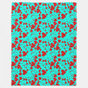 Manta Polar Patrón de formas de corazón rojo en color turquesa