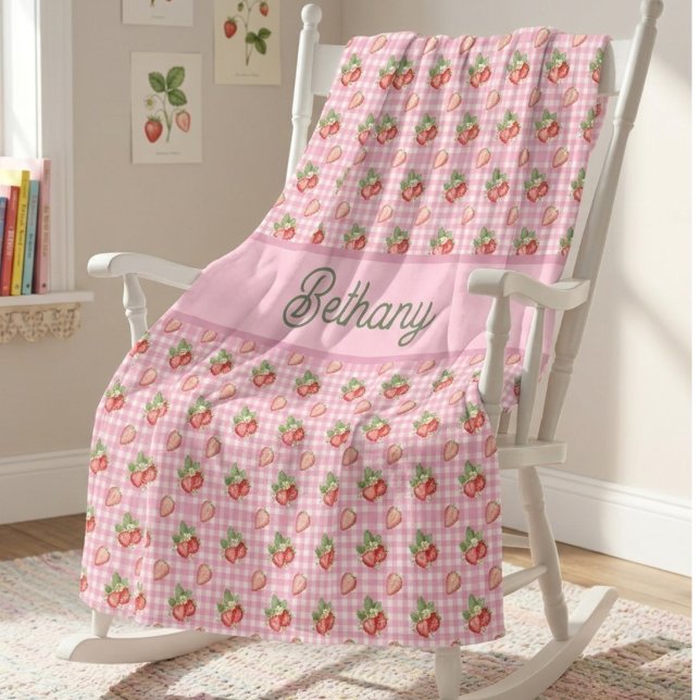 Manta Polar Patrón de Fresa de Cuadro de Gingham Rosa (Subido por el creador)