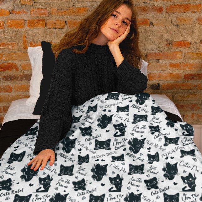Manta Polar Patrón de gatos y dichos negros (Cute Black Cats and Sayings | Hearts Pattern Wrapping Paper for Cat Lovers |Halloween Fleece Blanket)