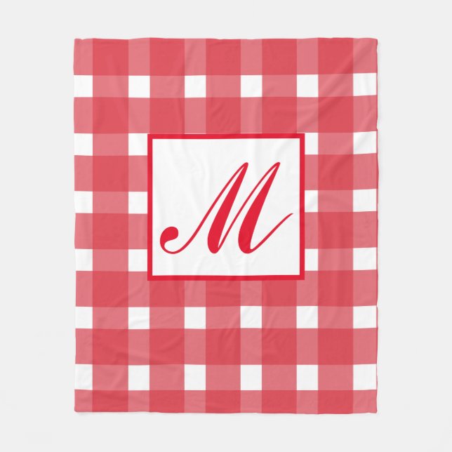 Manta Polar Patrón de Gingham blanco rojo monogramo (Anverso)
