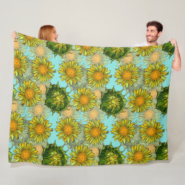 Manta Polar Patrón de girasoles amarillos con follaje y brotes