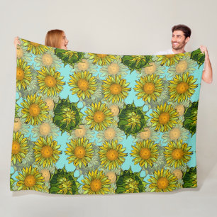 Manta Polar Patrón de girasoles amarillos con follaje y brotes