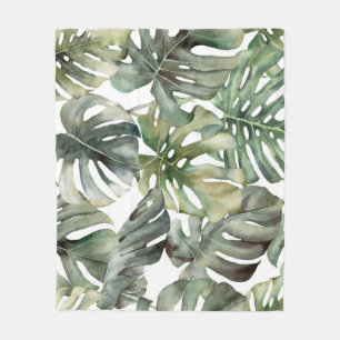 Manta Polar Patrón de gran acuarela de monstera tropical