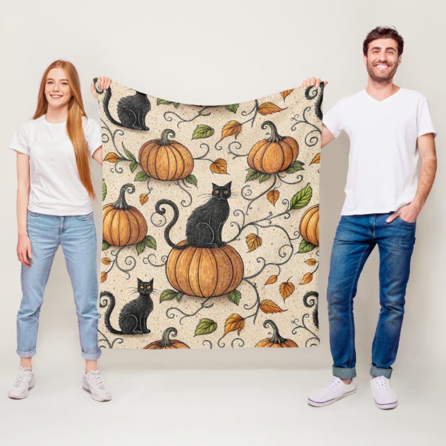 Manta Polar Patrón de Halloween de gatos negros y calabazas (In situ)