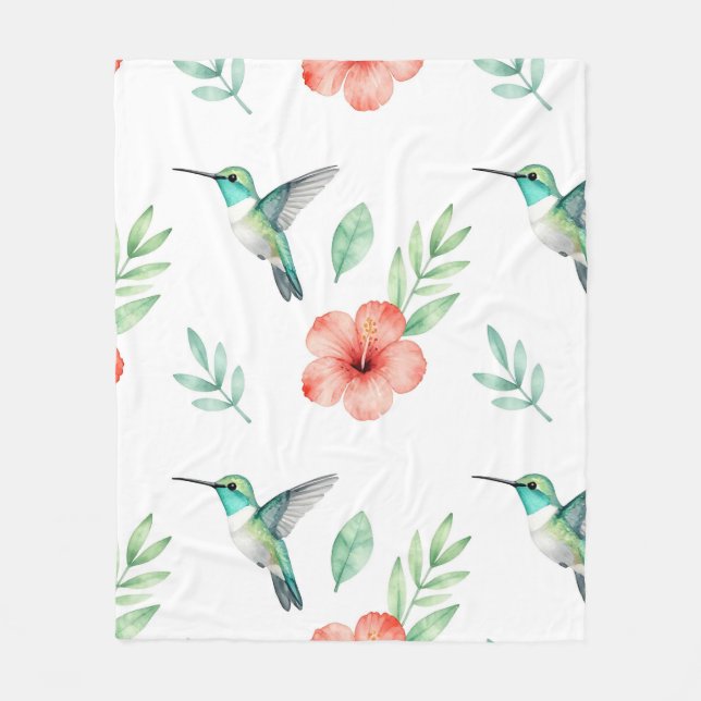 Manta Polar Patrón de Hibisco Colibrí Turquesa (Anverso)