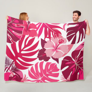 Manta Polar Patrón de hibiscos rosados y monsteras tropicales