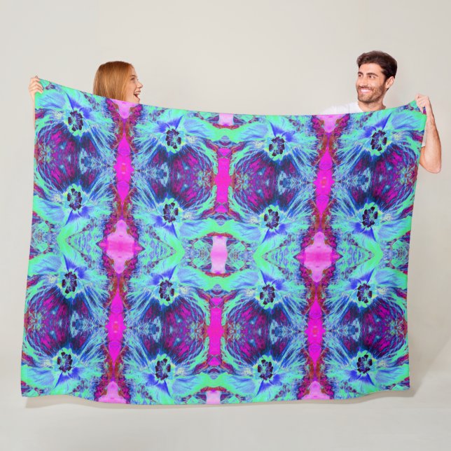 Manta Polar Patrón de hibiscus verde y azul psicodélico (In situ)