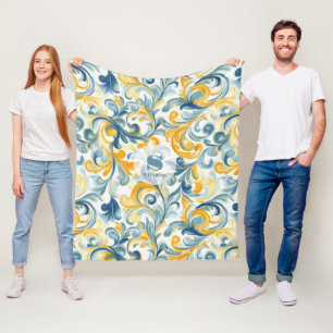 Manta Polar Patrón de hoja azul y paisley dorada