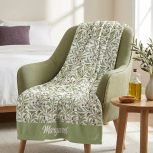 Manta Polar Patrón de hoja de olivo verde salvia botánico