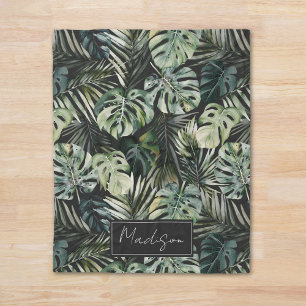 Manta Polar Patrón de hojas de bosque tropical verde acuarela