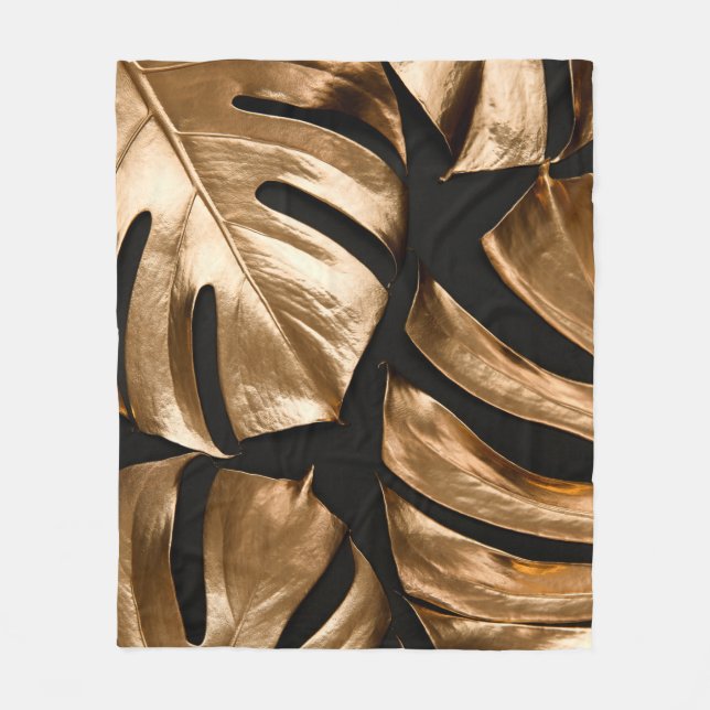 Manta Polar Patrón de hojas de monstera de oro (Anverso)