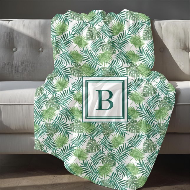 Manta Polar Patrón de hojas de palma tropical monogramado (Tropical Palm Leaves Pattern Monogrammed Fleece Blanket
)