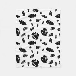Manta Polar Patrón de hojas de verano tropicales en negro y bl