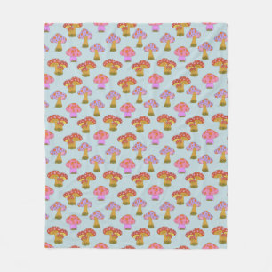 Manta Polar Patrón de hongos hippie retro lindo en azul pastel