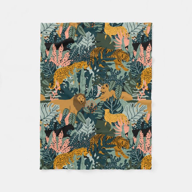 Manta Polar Patrón de jungla de leopardo tropical y tigre impr (Anverso)
