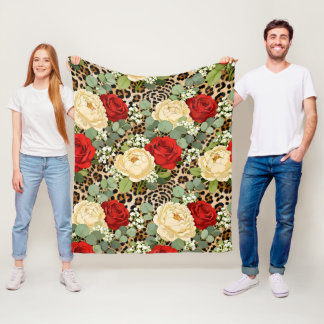Manta Polar Patrón de Leopardo de Lujo y Rosa Roja