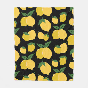 Manta Polar Patrón de limón Fruto retro Amarillo sobre negro
