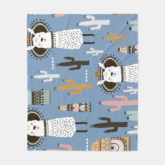 Manta Polar Patrón de Llama, Cactus, Elementos dibujados a man (Anverso)