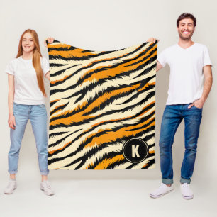 Manta Polar Patrón de Monograma de Rayas de Tigre Naranja Negr