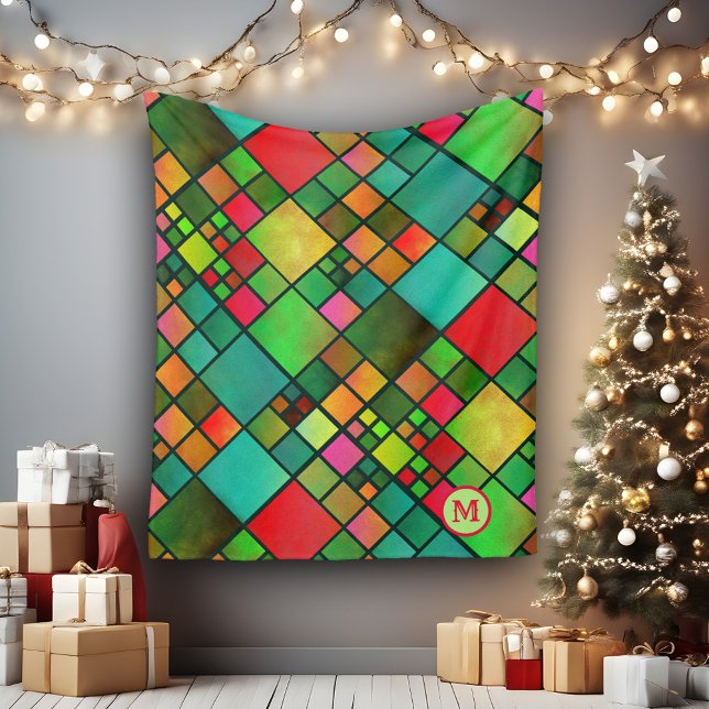 Manta Polar Patrón de mosaico acuático Monograma Funda (Fleece blanket featuring your own monogram on a colorful watercolor checkered mosaic pattern)