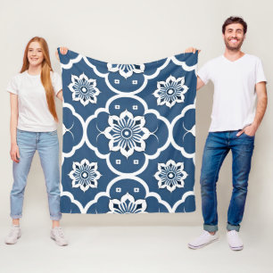 Manta Polar Patrón de mosaico floral azul y blanco