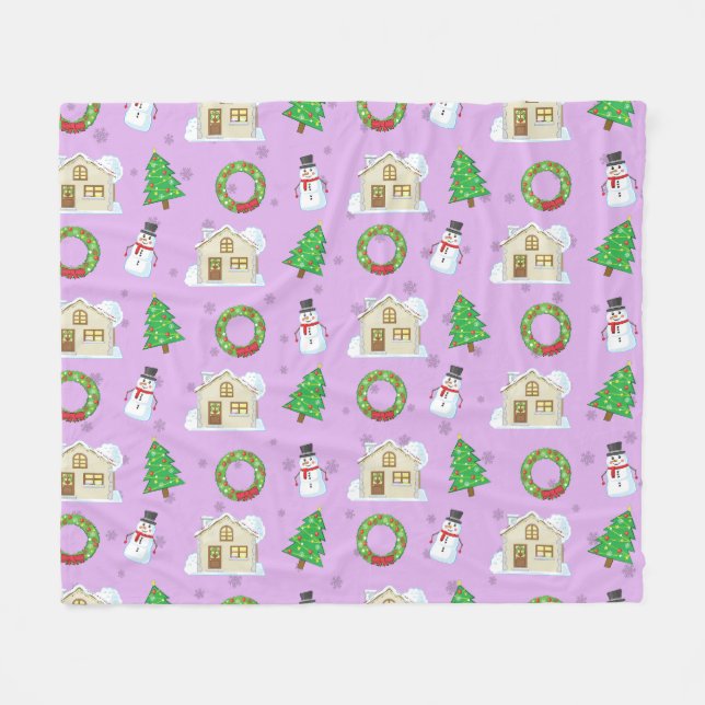 Manta Polar Patrón de Navidad - Fondo Púrpura  (Frente (Horizontal))
