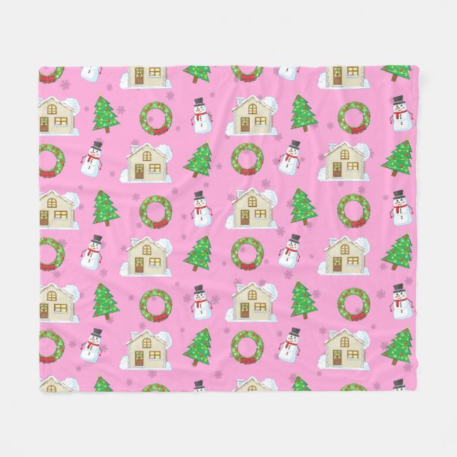 Manta Polar Patrón de Navidad - Fondo Rosa  (Frente (Horizontal))