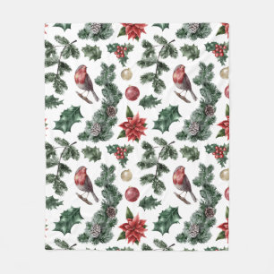 Manta Polar Patrón de Navidades Robin de color de agua vintage