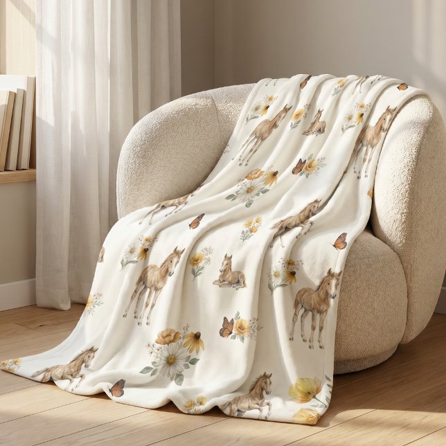 Manta Polar Patrón de niña boho con flores silvestres, caballo (Subido por el creador)