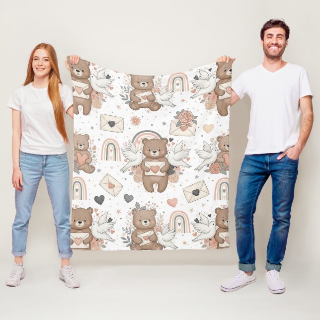 Manta Polar Patrón de oso de peluche neutral para baby shower (In situ)